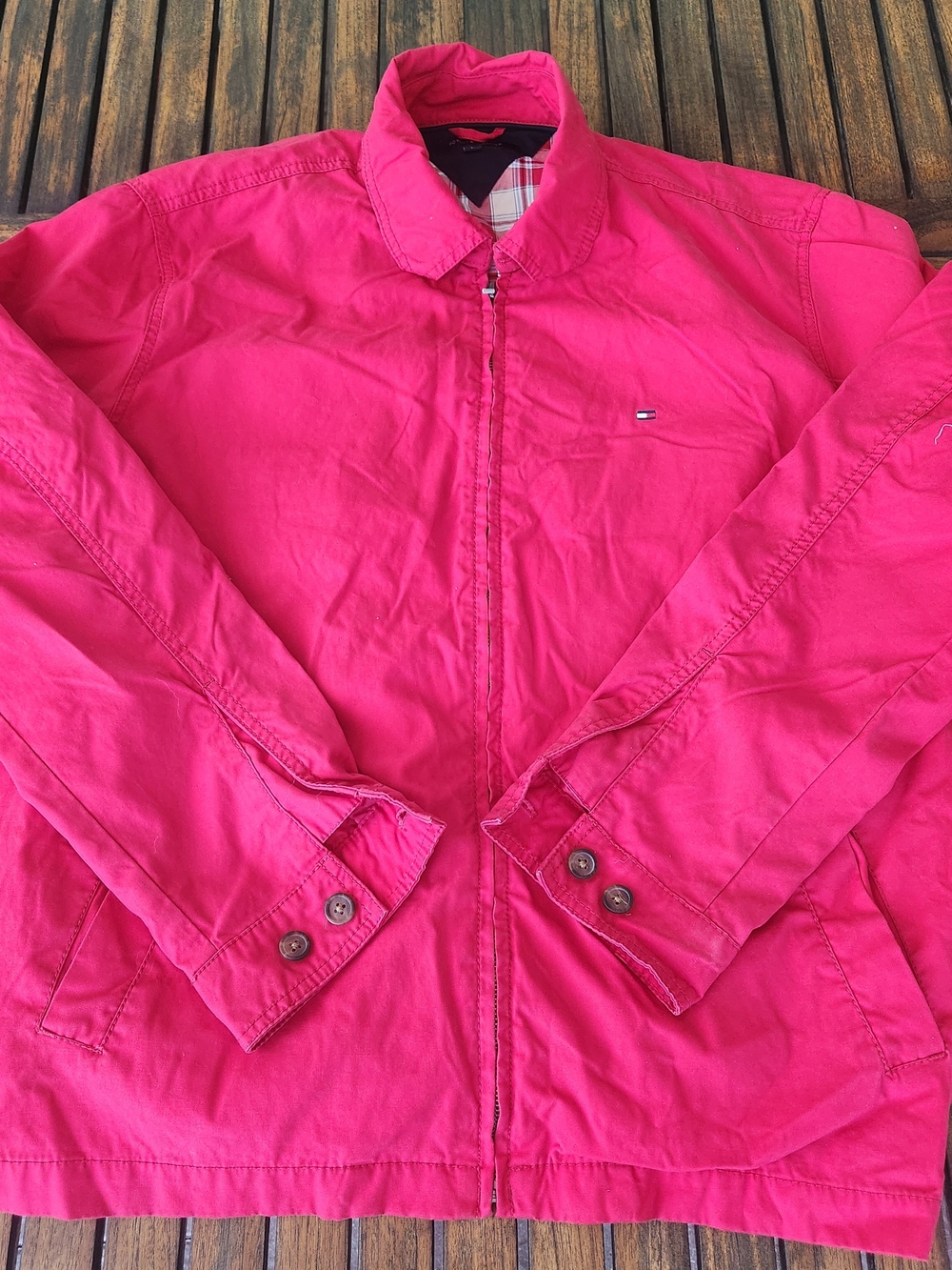 Men's Tommy Hilfiger Red Bomber Jacket Size Large Full Zip Pockets Logo Preppy